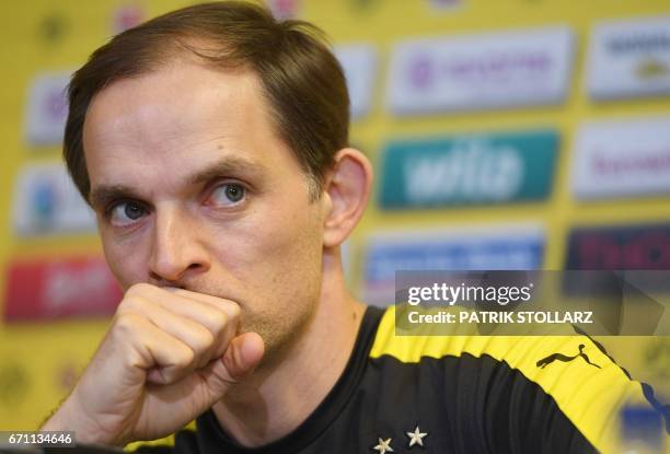 Dortmund's head coach Thomas Tuchel attends a press conference in Brackel, on April 21, 2017 on the eve of the German league football match between...