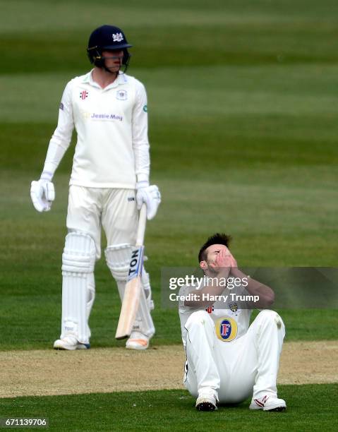 Mark Wood of Durham reacts during Day One of the Specsavers County Championship Division Two match between Gloucestershire and Durham at The...