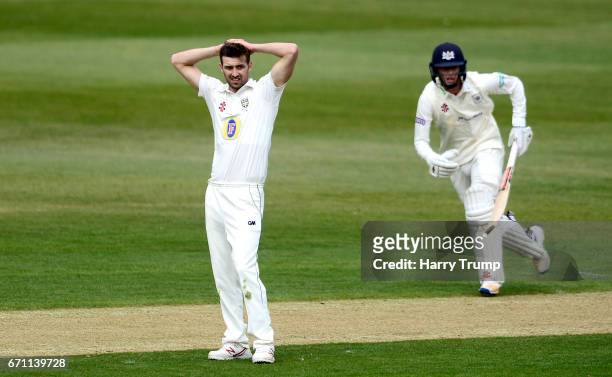 Mark Wood of Durham reacts during Day One of the Specsavers County Championship Division Two match between Gloucestershire and Durham at The...
