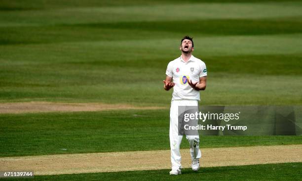 Mark Wood of Durham reacts during Day One of the Specsavers County Championship Division Two match between Gloucestershire and Durham at The...