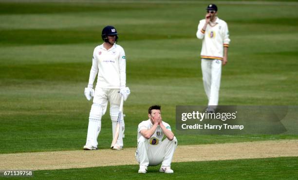Mark Wood of Durham reacts during Day One of the Specsavers County Championship Division Two match between Gloucestershire and Durham at The...