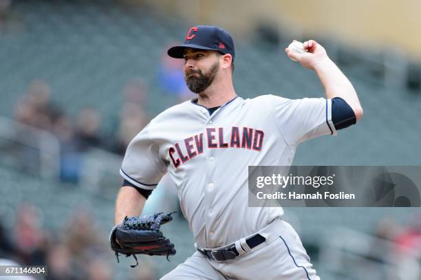 Boone Logan of the Cleveland Indians delivers a pitch against the Minnesota Twins during the game on April 20, 2017 at Target Field in Minneapolis,...