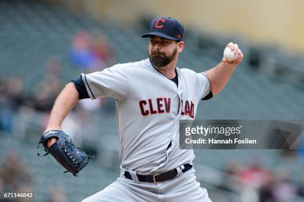 Boone Logan of the Cleveland Indians delivers a pitch against the Minnesota Twins during the game on April 20, 2017 at Target Field in Minneapolis,...