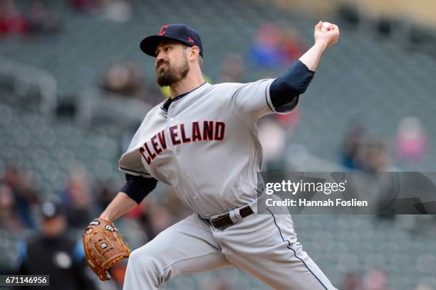 Boone Logan of the Cleveland Indians delivers a pitch against the Minnesota Twins during the game on April 20, 2017 at Target Field in Minneapolis,...