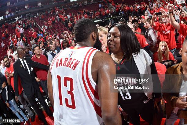 Monja Willis greets her son James Harden of the Houston Rockets after defeating the Oklahoma City Thunder during Game Two of the Western Conference...