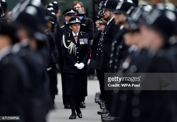 London's Metropolitan Police Commissioner Cressida Dick, inspects new recruits at a passing-out parade at the Metropolitan Police Academy at Peel...