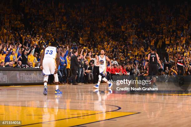 Stephen Curry of the Golden State Warriors dances as he celebrates a three point basket during Game Two of the Western Conference Quarterfinals...