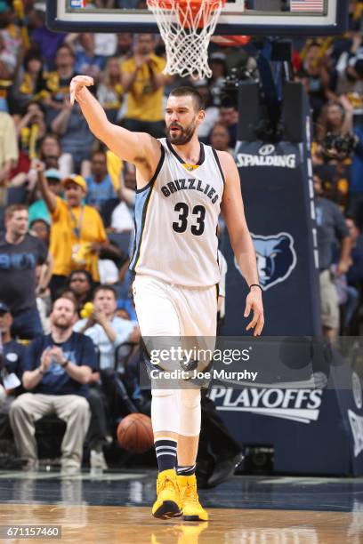 Marc Gasol of the Memphis Grizzlies celebrates a three point basket during Game Three of the Western Conference Quarterfinals against the San Antonio...