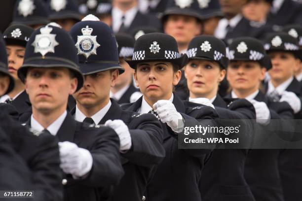 New Police recruits take part in a passing-out parade at the Metropolitan Police Academy at Peel House, Hendon on April 21, 2017 in London, England.