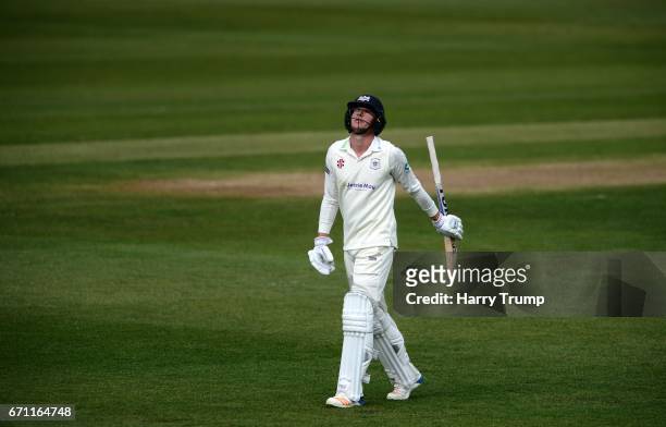 George Hankins of Gloucestershire walks off after being dismissed during Day One of the Specsavers County Championship Division Two match between...