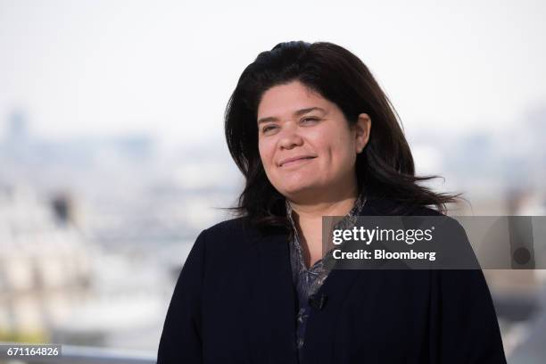 Raquel Garrido, spokeswoman for France's presidential candidate Jean-Luc Melenchon, reacts during a Bloomberg Television interview in Paris, France,...