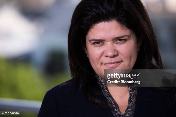 Raquel Garrido, spokeswoman for France's presidential candidate Jean-Luc Melenchon, looks on during a Bloomberg Television interview in Paris,...