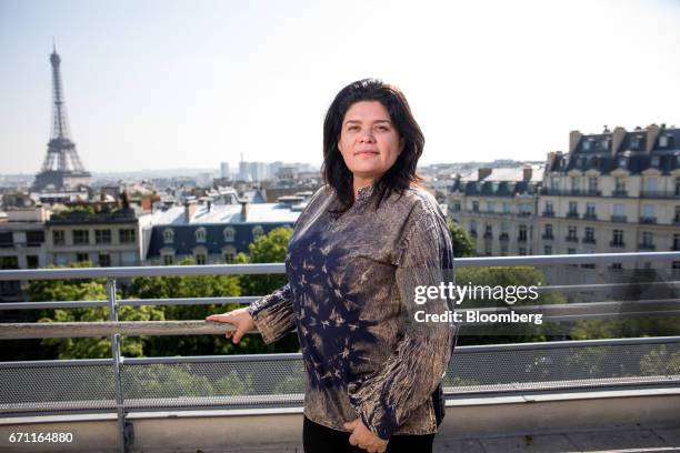 Raquel Garrido, spokeswoman for France's presidential candidate Jean-Luc Melenchon, poses for a photograph following a Bloomberg Television interview...