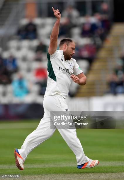 Worcestershire bowler Joe Leach celebrates after dismissing Robert Newton during day one of thr Specsavers County Championship Division Two at New...