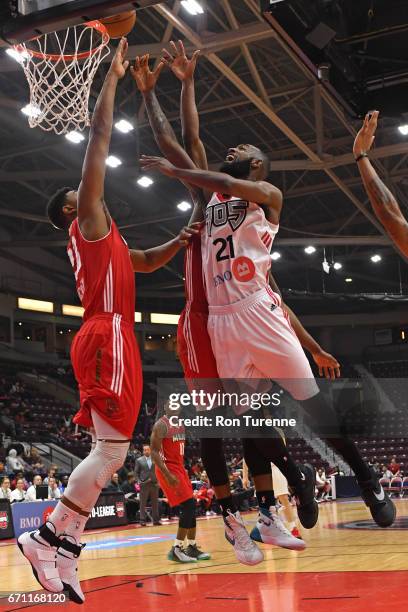 Leslie of the Raptors 905 drives to the basket against the Maine Red Claws during Game Two of the NBA D-League Eastern Conference Finals on April 19,...