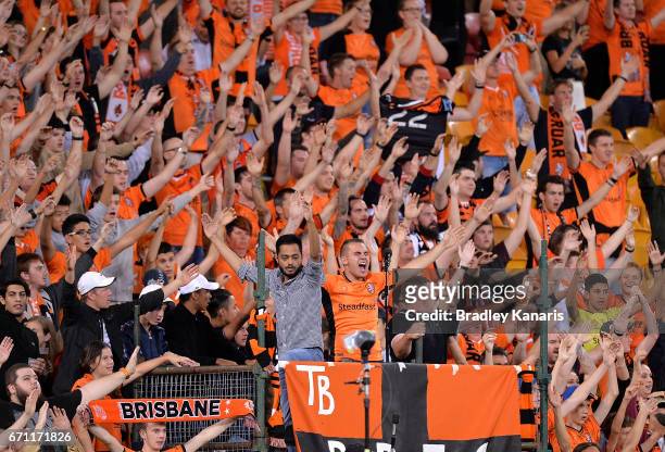 Roar fans show their suport during the A-League Elimination Final match between the Brisbane Roar and the Western Sydney Wanderers at Suncorp Stadium...