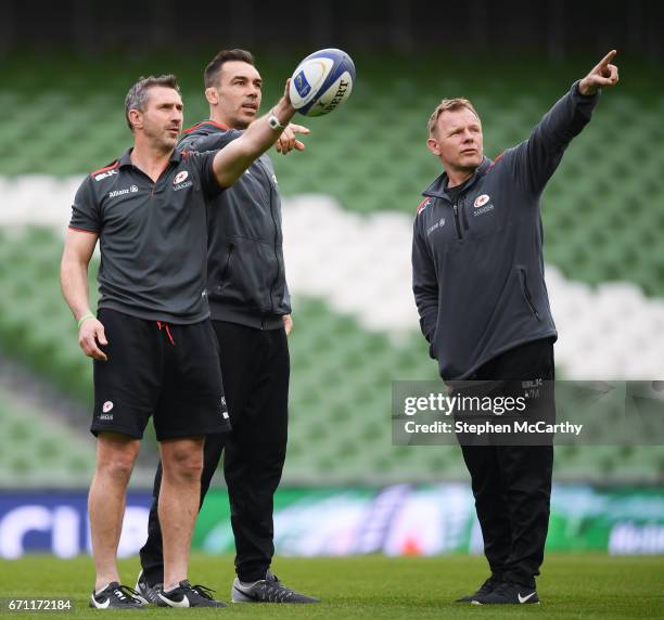 Dublin , Ireland - 21 April 2017; Saracens director of rugby Mark McCall, right, with forwards coach Alex Sanderson and backs coach Kevin Sorrell,...