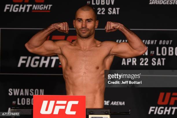 Artem Lobov of Russia poses on the scale during the UFC Fight Night weigh-in at the Sheraton Music City Hotel on April 21, 2017 in Nashville,...