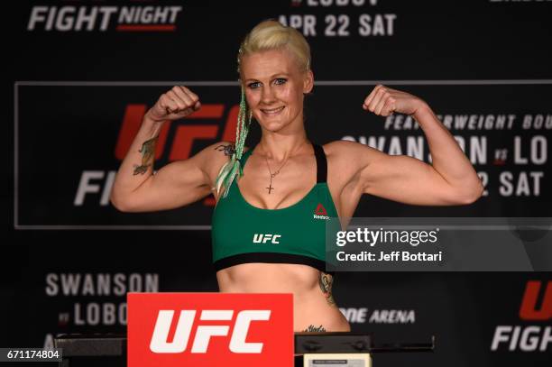 Cindy Dandois of Belgium poses on the scale during the UFC Fight Night weigh-in at the Sheraton Music City Hotel on April 21, 2017 in Nashville,...