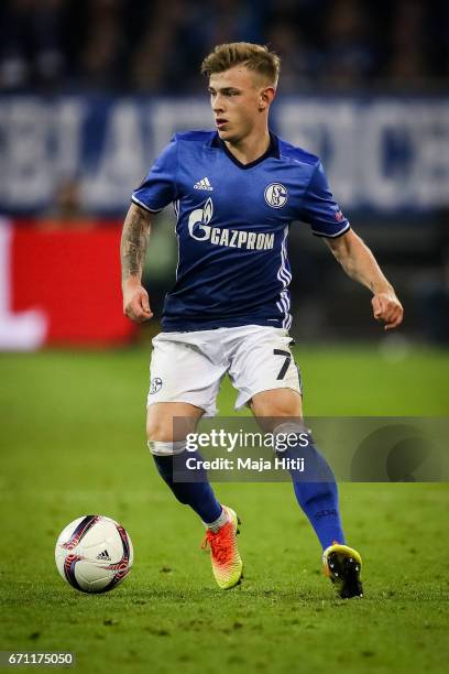 Max Meyer of Schalke controls the ball during the UEFA Europa League quarter final second leg match between FC Schalke 04 and Ajax Amsterdam at...