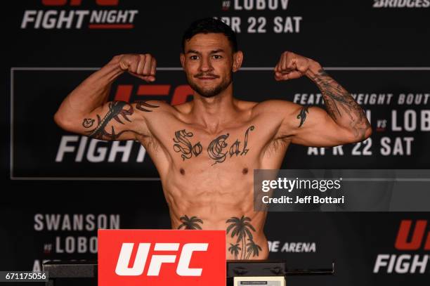 Cub Swanson poses on the scale during the UFC Fight Night weigh-in at the Sheraton Music City Hotel on April 21, 2017 in Nashville, Tennessee.