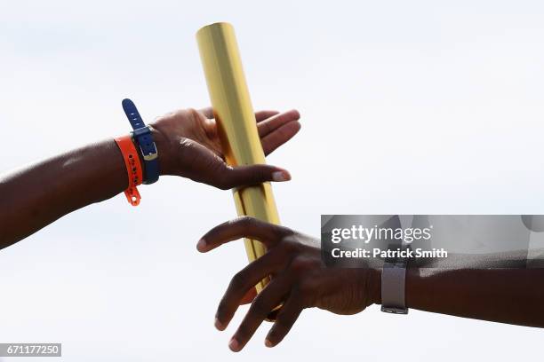 Baton is handed off as athletes practice prior to the IAAF / BTC World Relays Bahamas 2017 at the Thomas Robinson Stadium on April 21, 2017 in...