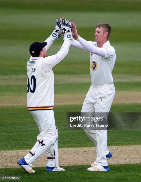 Keaton Jennings of Durham celebrates the wicket of Phil Mustard of Gloucestershire during Day One of the Specsavers County Championship Division Two...