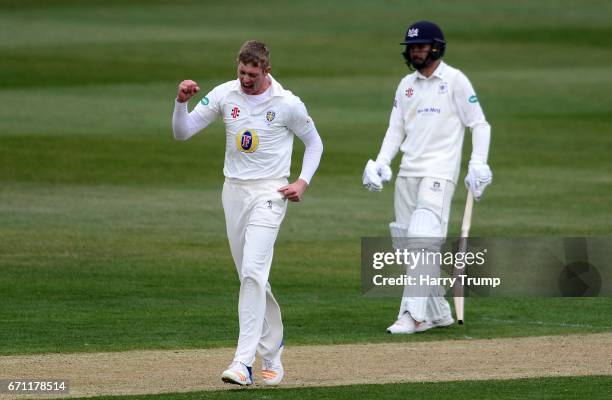 Keaton Jennings of Durham celebrates the wicket of Phil Mustard of Gloucestershire during Day One of the Specsavers County Championship Division Two...