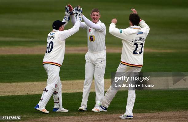 Keaton Jennings of Durham celebrates after dismissing Craig Miles of Gloucestershire during Day One of the Specsavers County Championship Division...