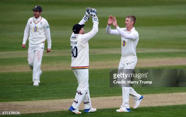 Keaton Jennings of Durham celebrates the wicket of Phil Mustard of Gloucestershire during Day One of the Specsavers County Championship Division Two...