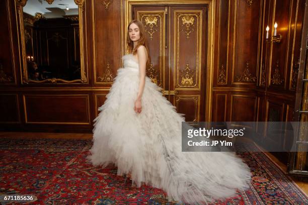 Model poses for first looks prior to the start of the Oscar De La Renta Bridal Spring 2018 show at The Morgan Library & Museum on April 21, 2017 in...