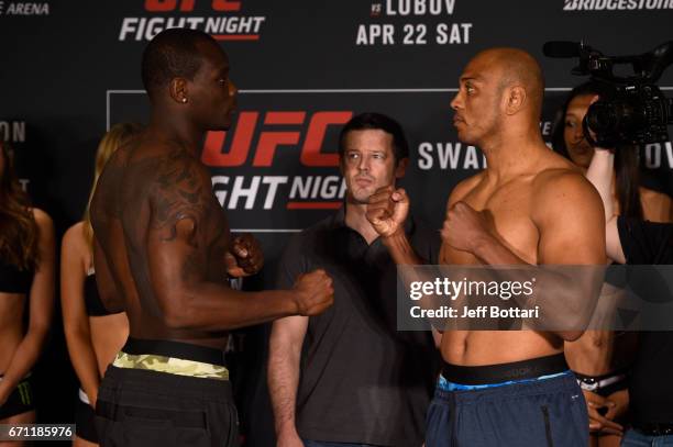 Ovince Saint Preux and Marcos Rogerio De Lima of Brazil face off during the UFC Fight Night weigh-in at the Sheraton Music City Hotel on April 21,...
