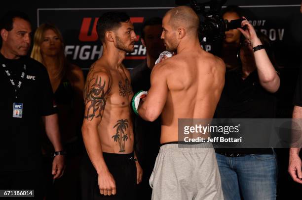 Cub Swanson and Artem Lobov of Russia face off during the UFC Fight Night weigh-in at the Sheraton Music City Hotel on April 21, 2017 in Nashville,...