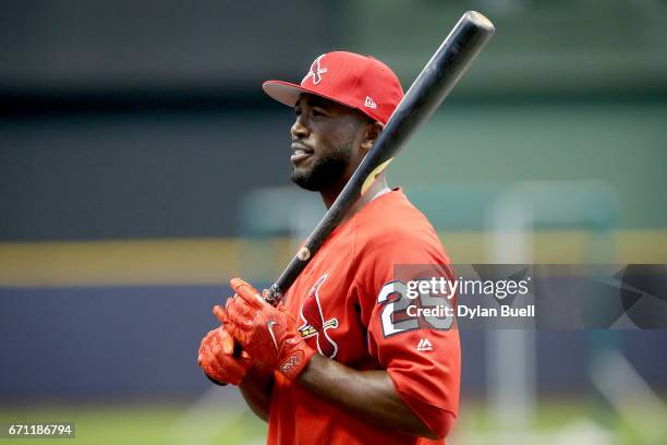 Dexter Fowler of the St. Louis Cardinals takes batting practice before the game against the Milwaukee Brewers at Miller Park on April 20, 2017 in...