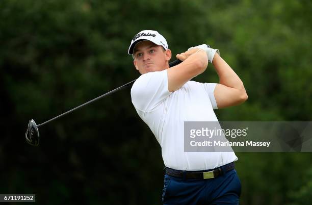 Bud Cauley plays his shot from the ninth tee during the second round of the Valero Texas Open at TPC San Antonio AT&T Oaks Course on April 21, 2017...