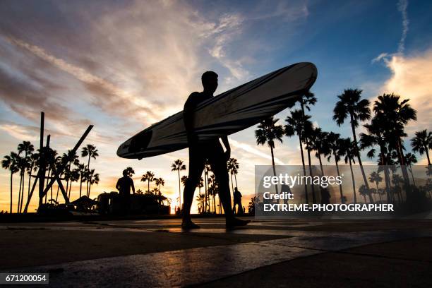 venice beach at sunset - low angle view of silhouette palm trees against sky stock pictures, royalty-free photos & images