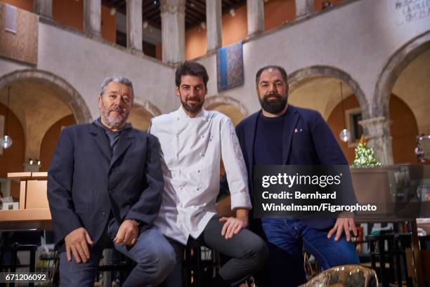 S designer Philippe Starck, Italian chef Massimiliano Alajmo and AMO's CEO Raffaele Alajmo are photographed for Madame Figaro on November 29, 2016 in...