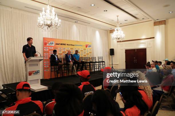 Olivier Gers takes part in a press conference prior to the IAAF / BTC World Relays Bahamas 2017 in the Governor's Ballroom at the Hilton Nassau Hotel...