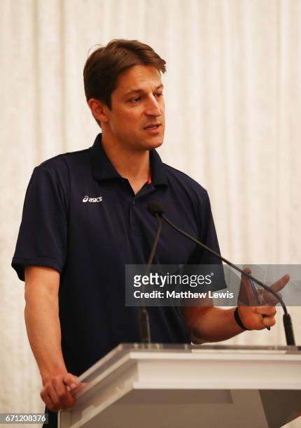 Olivier Gers takes part in a press conference prior to the IAAF / BTC World Relays Bahamas 2017 in the Governor's Ballroom at the Hilton Nassau Hotel...