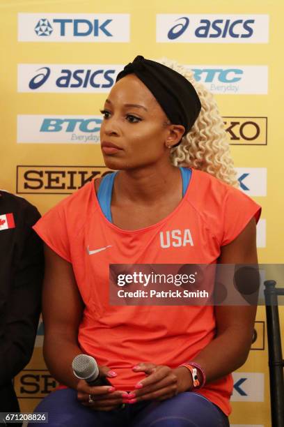 Team USA Women's 4x400 athlete Natasha Hastings takes part in a press conference prior to the IAAF / BTC World Relays Bahamas 2017 in the Governor's...