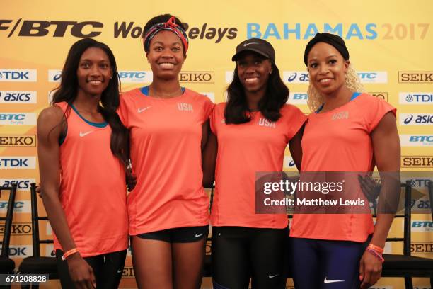 Team USA Women's 4x400 athletes Phyllis Francis, Quanera Hayes, Ashley Spencer and Natasha Hastingstake part in a press conference prior to the IAAF...