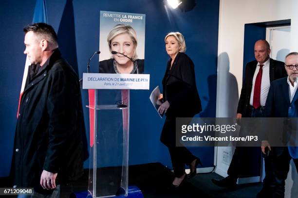 Marine Le Pen, National Front Party Leader and candidate for the 2017 French Presidential Election arrives for a press conference after a shooting on...