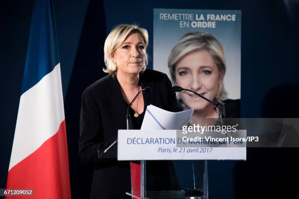 Marine Le Pen, National Front Party Leader and candidate for the 2017 French Presidential Election holds a press conference after a shooting on the...