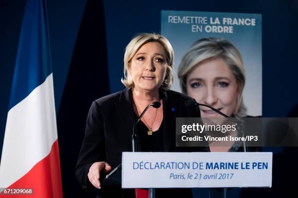 Marine Le Pen, National Front Party Leader and candidate for the 2017 French Presidential Election holds a press conference after a shooting on the...