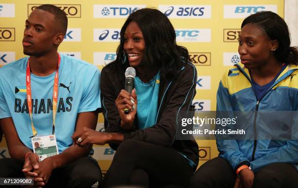 Steven Gardiner, Shaunae Miller-Uibo and Antonique Strachan of team Bahamas take part in a press conference prior to the IAAF / BTC World Relays...