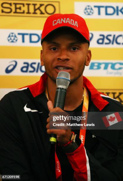 Andre De Grasse of Team Canada takes part in a press conference prior to the IAAF / BTC World Relays Bahamas 2017 in the Governor's Ballroom at the...