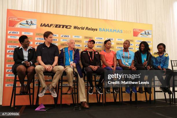 President/LOC CEO Rosamunde Carey, IAAF CEO Olivier Gers, IAAF event manager Keith Parker, Andre De Grasse of Team Canada, Natasha Hastings of Team...