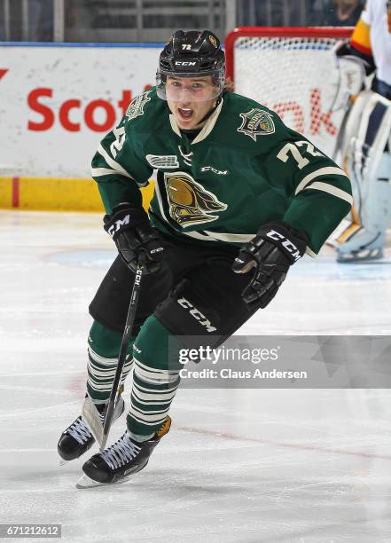 Janne Kuokkanen of the London Knights skates against the Erie Otters in Game Six of the OHL Western Conference Semi-Final on April 16, 2017 at...