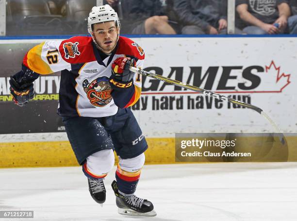 Alex DeBrincat of the Erie Otters skates against the London Knights in Game Six of the OHL Western Conference Semi-Final on April 16, 2017 at...