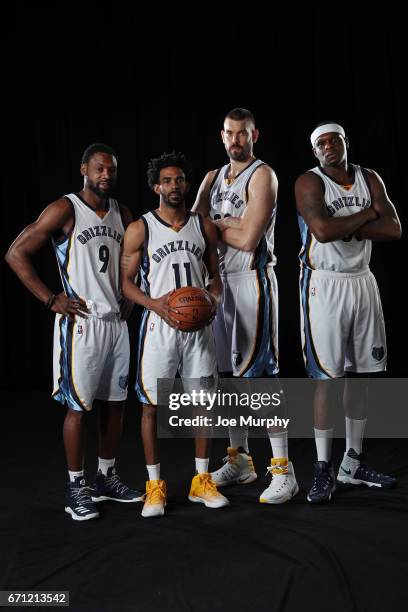 Tony Allen, Marc Gasol, Mike Conley and Zach Randolph of the Memphis Grizzlies pose for a group photo on April 11, 2017 at FedExForum in Memphis,...